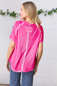 Washed Pink Raw Edge Short Sleeve Top