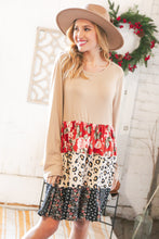 Taupe Floral & Leopard Print Tiered Pocketed Mid Dress