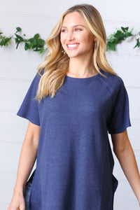 Navy Mélange Baby Waffle Hi-Low Slit Top