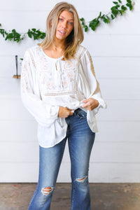 White Embroidered Tie String Peasant Top