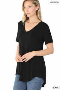 Luxe Short Sleeve V Neck Hi Low Hem Tee