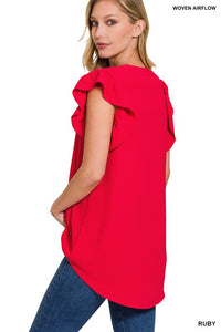 Woven Airflow Ruffled Sleeve High Low Top