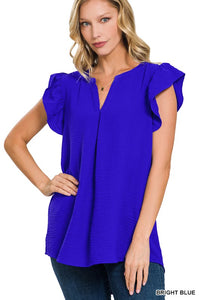 Woven Airflow Ruffled Sleeve High Low Top