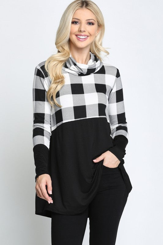 Plaid Solid Contrast Long Sleeve Turtle Neck Top
