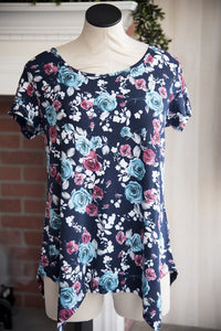 Navy White and Pink Floral Tee
