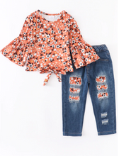 Coral Floral Ruffle Denim Jeans Set