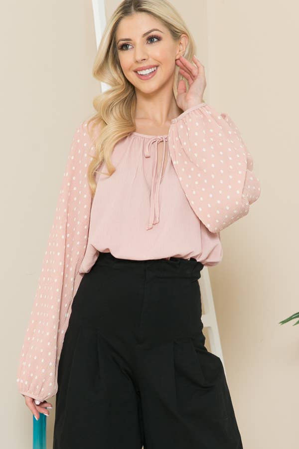 Pink Pleated Sleeve Tie Front Top